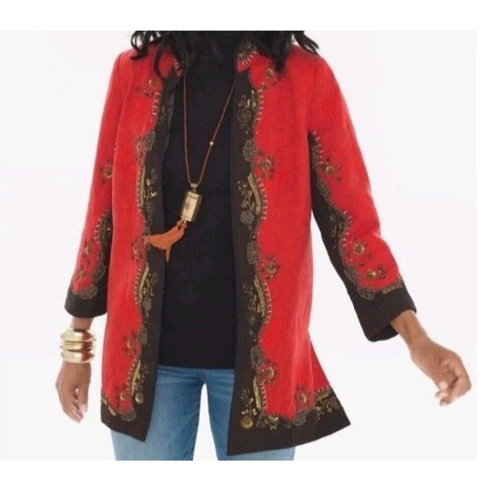 Chico’s Splendor Autumn Jacket Orange Red Brown Gold Encrusted Beaded Trim